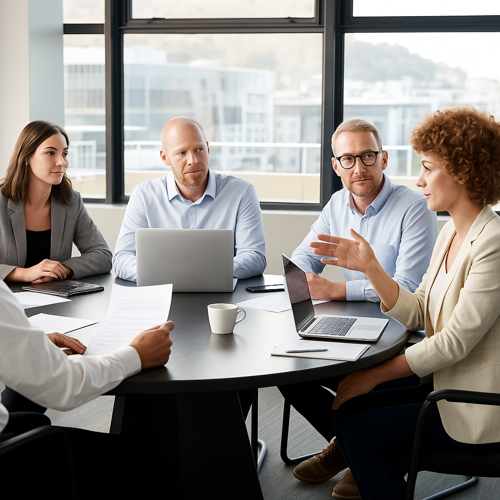 Réunion entre membres d’un comité d’entreprise autour d’une table avec ordinateurs et documents