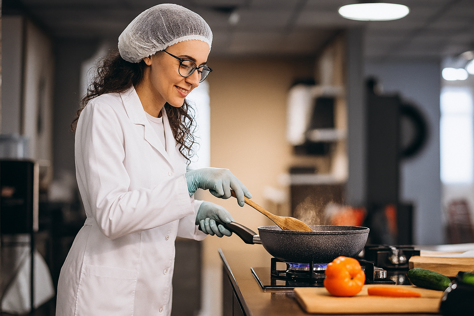 Cuisinière professionnelle en blouse et gants préparant un plat dans une cuisine de formation HACCP.