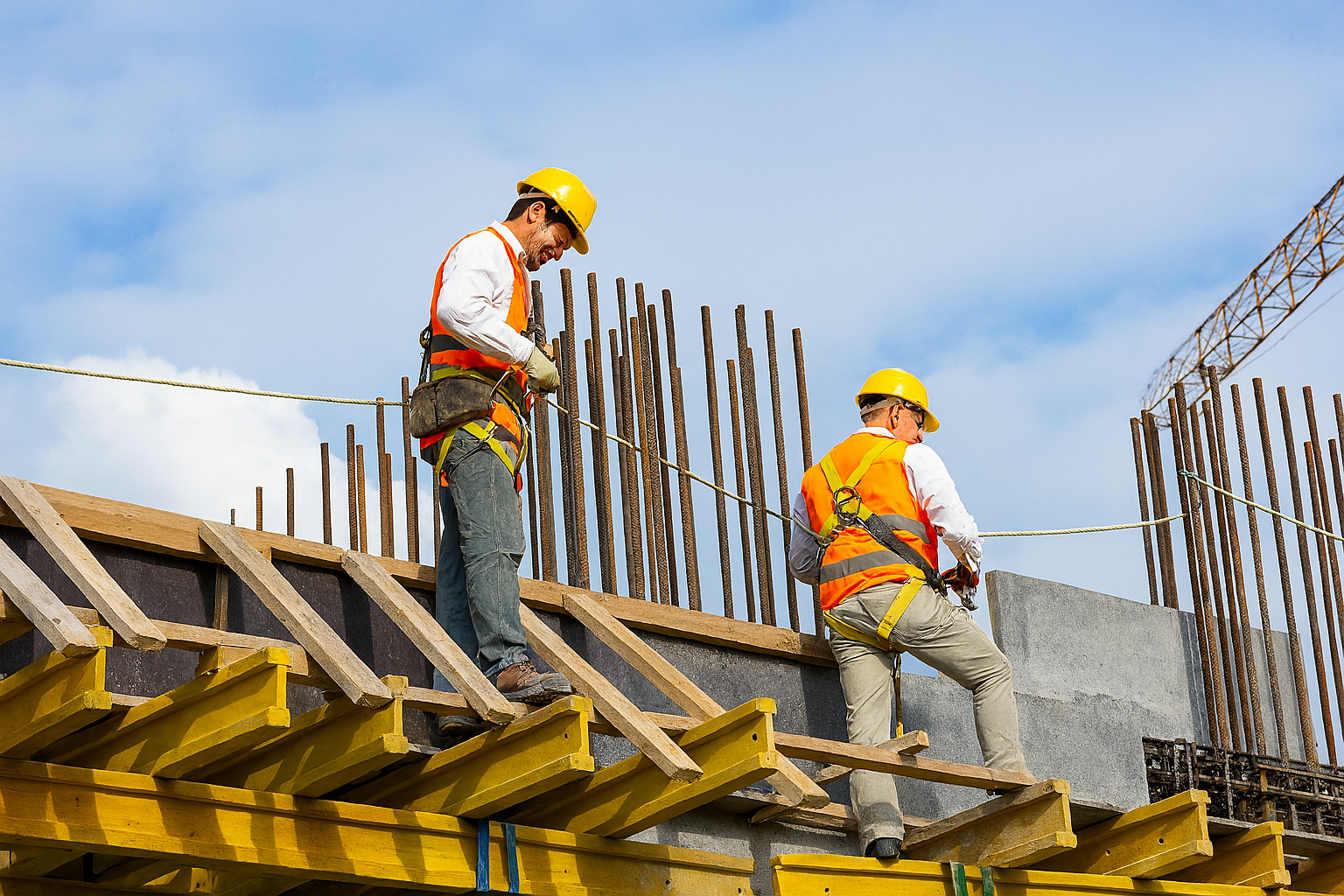 Deux ouvriers sécurisés avec harnais sur un chantier en hauteur
